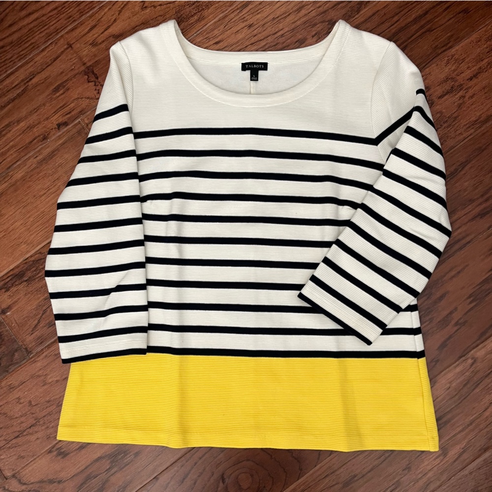 Talbots yellow/navy striped knit pullover top. EUC Size L